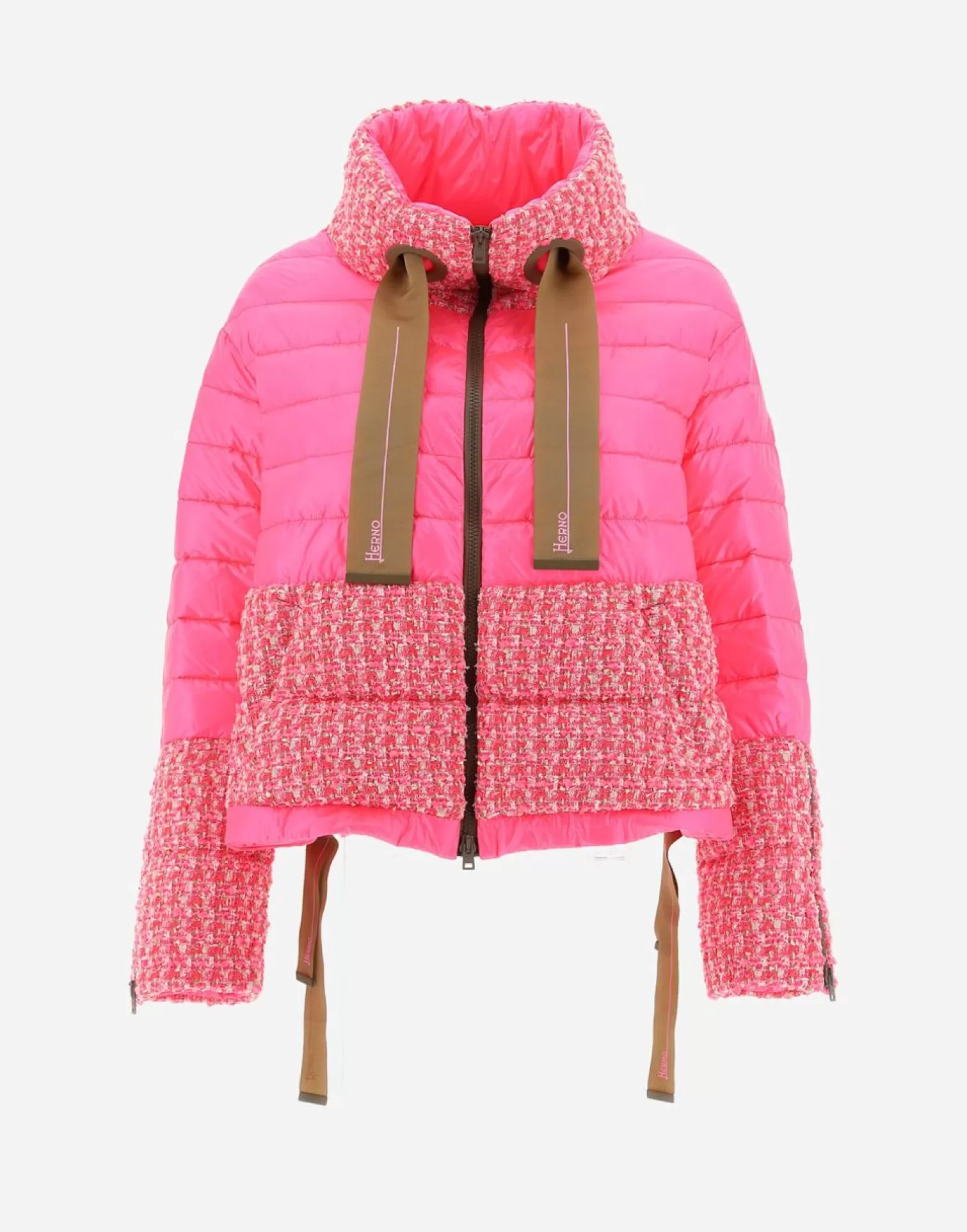 Herno Doudounes Courtes>Bomber In Fashion Boucle' & Nylon Ultralight Camel/Neon Pink