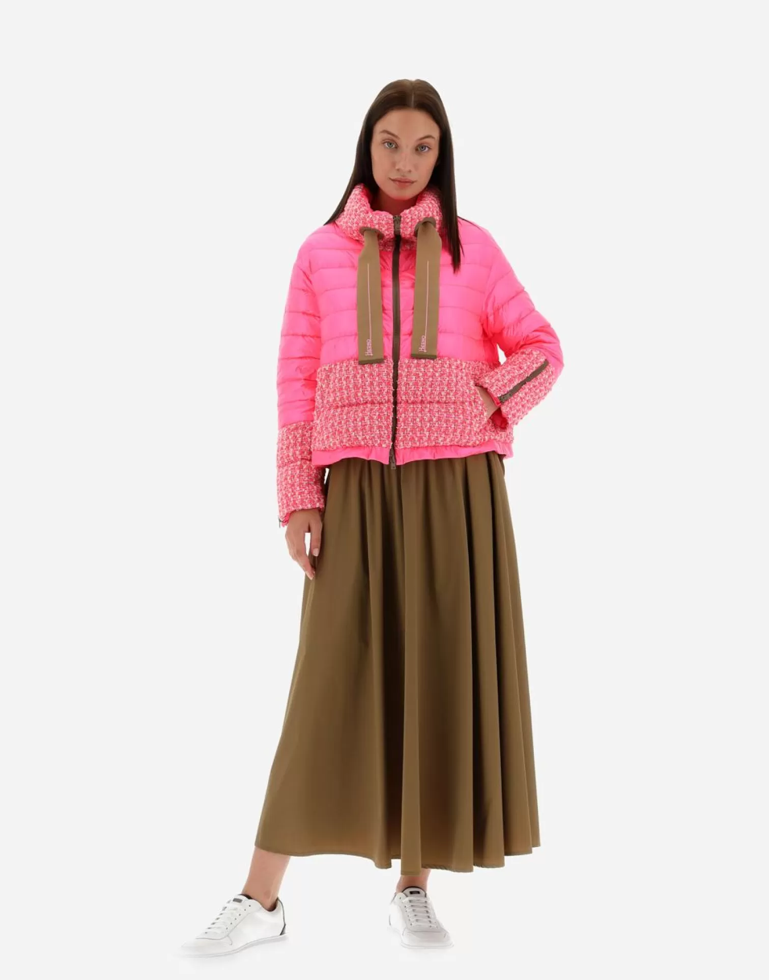 Herno Doudounes Courtes>Bomber In Fashion Boucle' & Nylon Ultralight Camel/Neon Pink