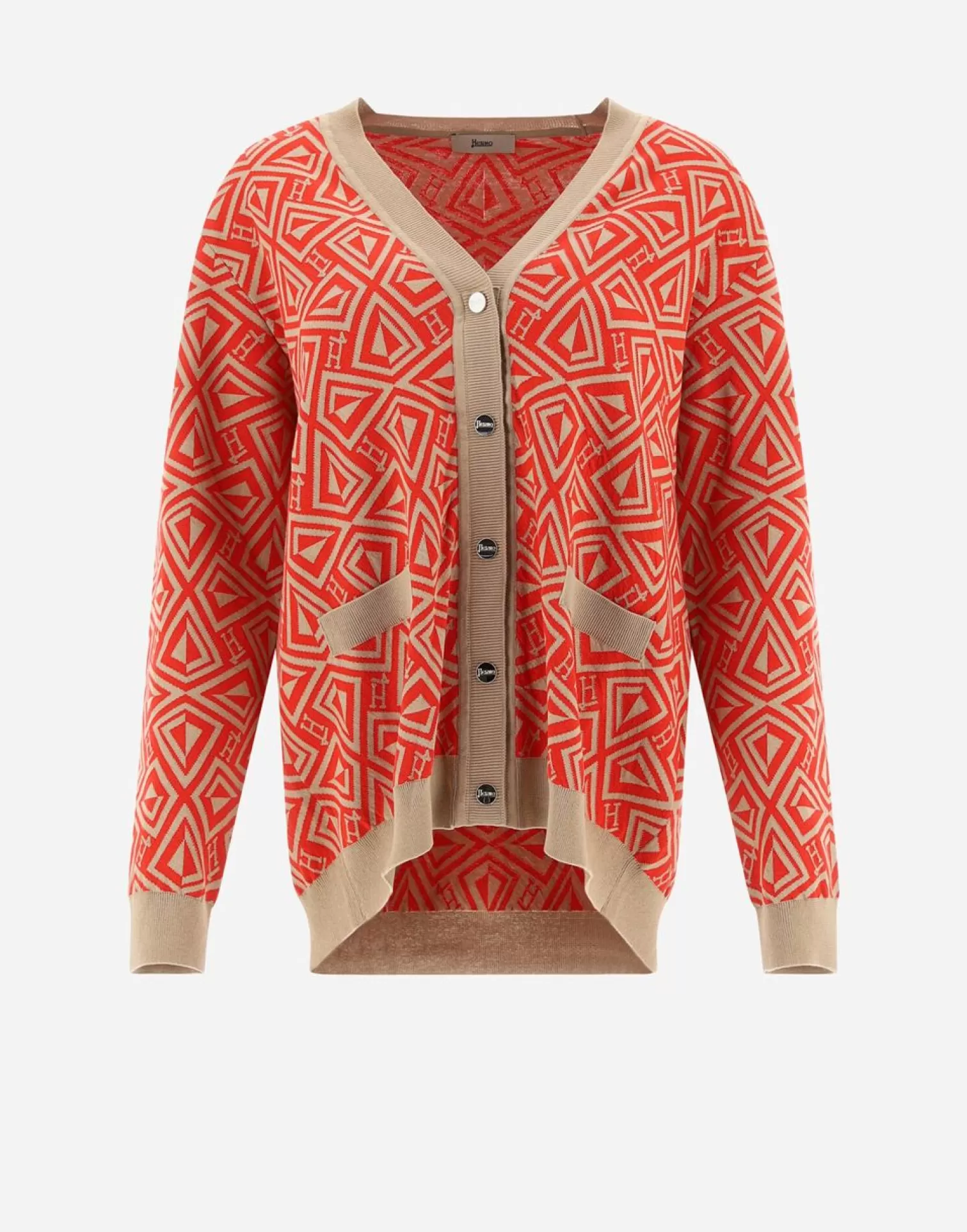 Herno Pulls Et Cardigans>Cardigan In Geometric Monogram Jacquard Red/Camel