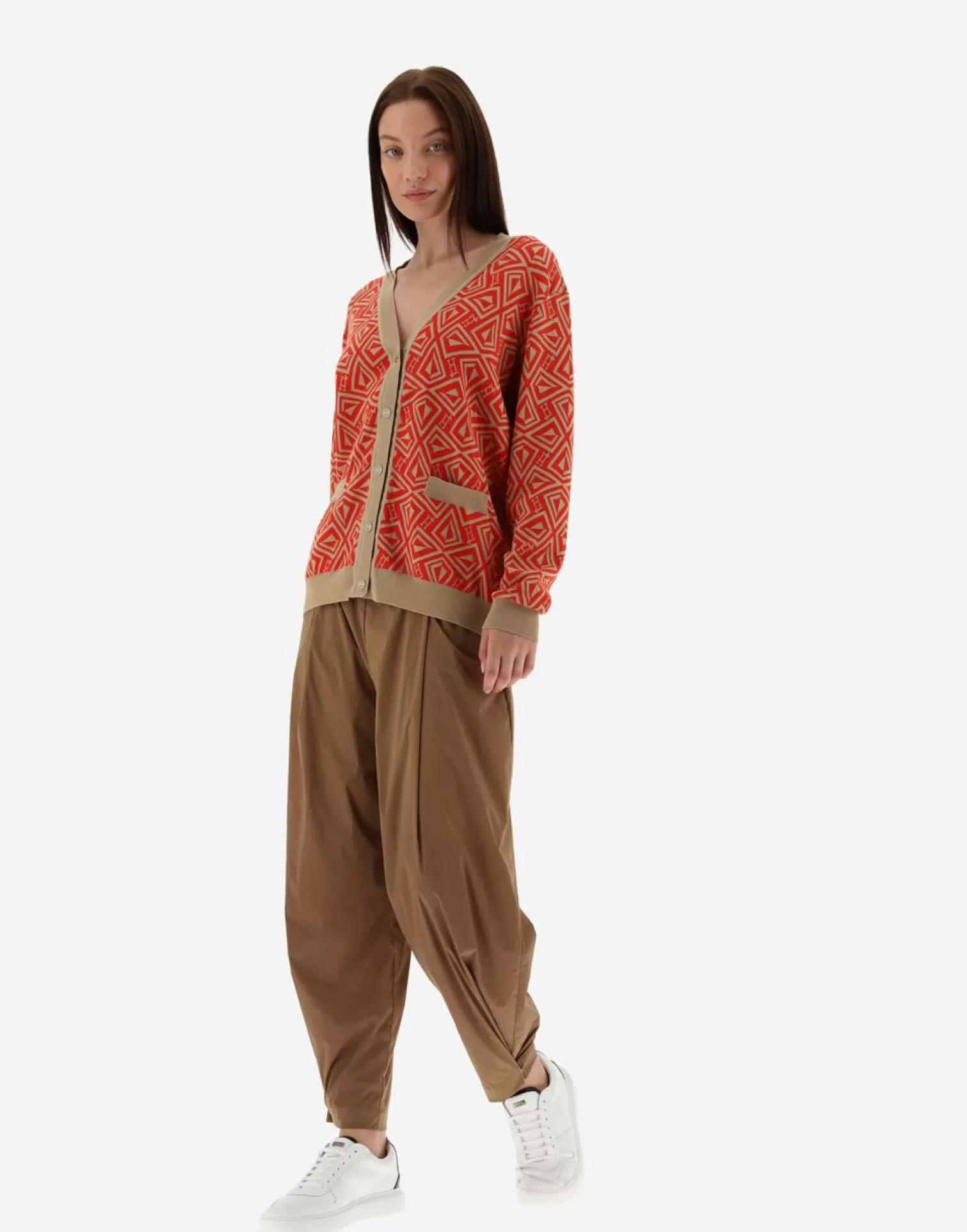 Herno Pulls Et Cardigans>Cardigan In Geometric Monogram Jacquard Red/Camel