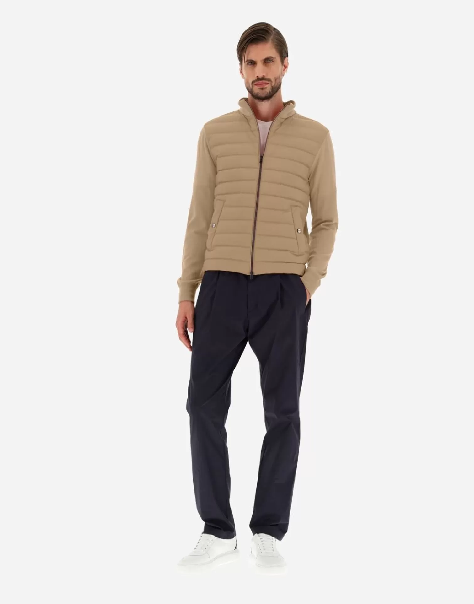 Herno Pulls Et Cardigans>Cardigan In Silk Wool & Nuage Camel/White