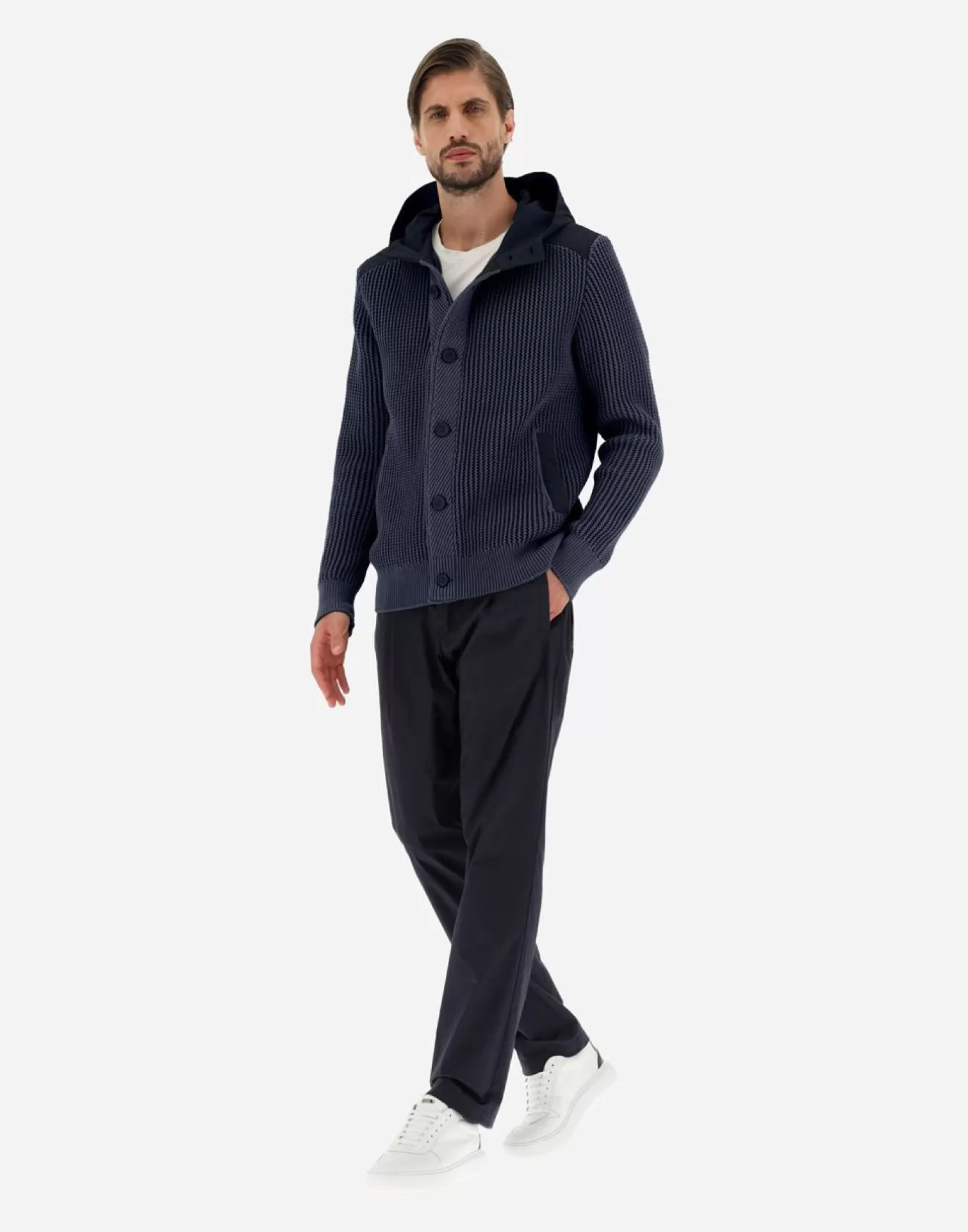 Herno Bomber>Cardigan In Zig-Zag Stitch & Plaster Navy Blue