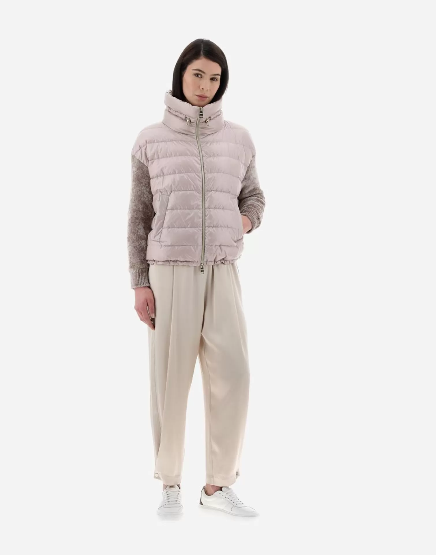 Herno Bomber>Resort Bomber Jacket In Nylon Ultralight & Chenille Knit Ice