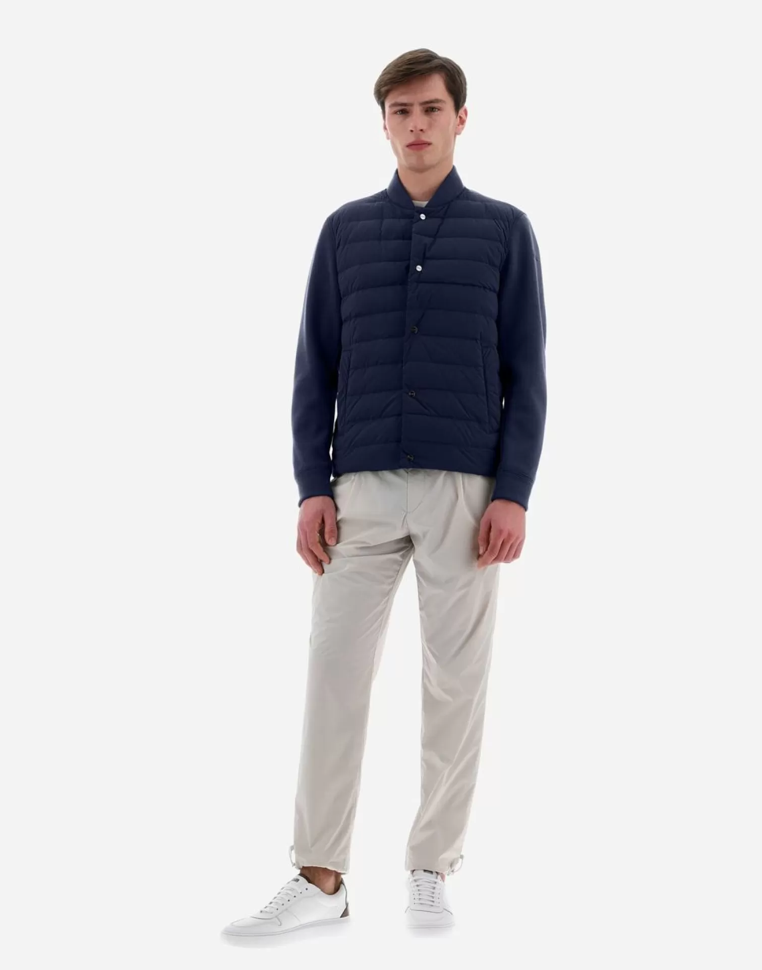 Herno Bomber>Resort Shirt In Coupled Knit Effect & Light Nylon Stretch Blue