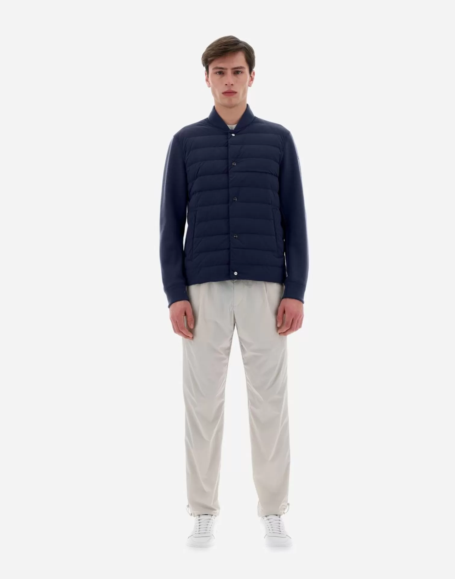 Herno Bomber>Resort Shirt In Coupled Knit Effect & Light Nylon Stretch Blue