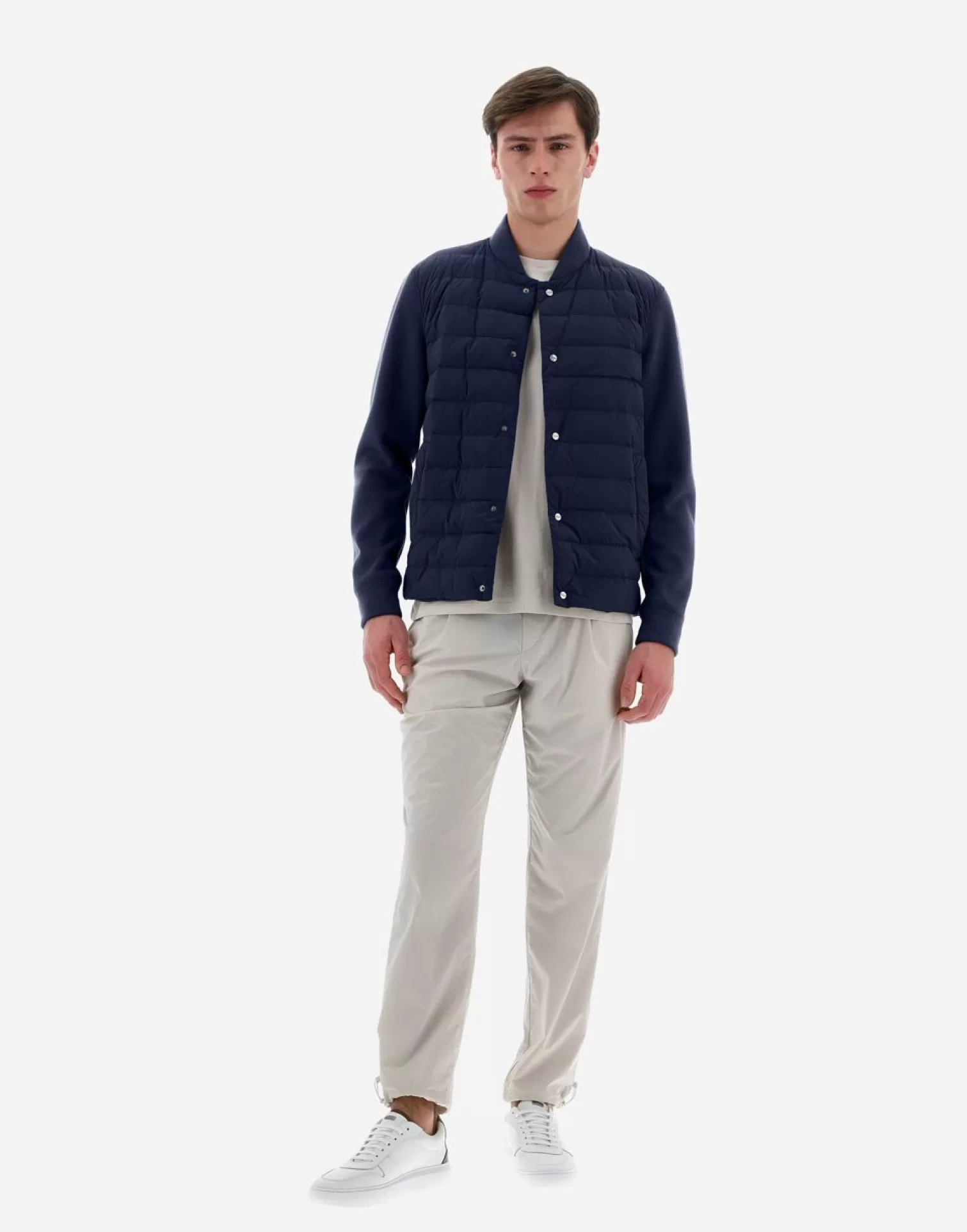 Herno Bomber>Resort Shirt In Coupled Knit Effect & Light Nylon Stretch Blue