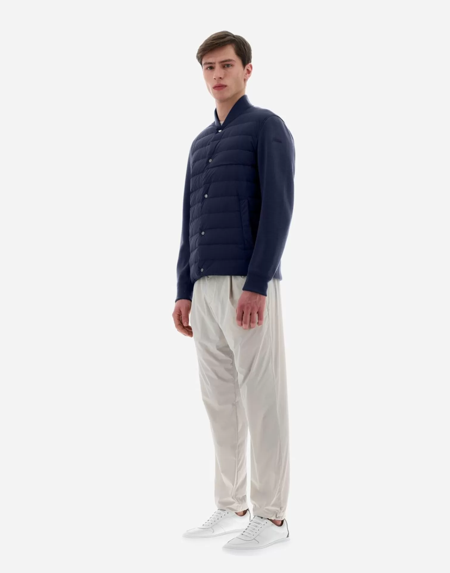 Herno Bomber>Resort Shirt In Coupled Knit Effect & Light Nylon Stretch Blue