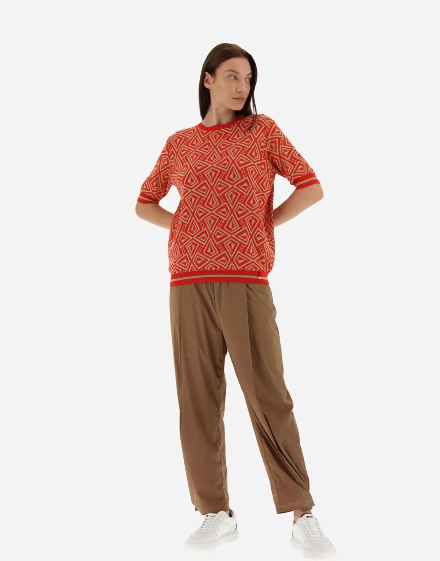 Herno T-Shirts>T-Shirt In Geometric Monogram Jacquard Red/Camel